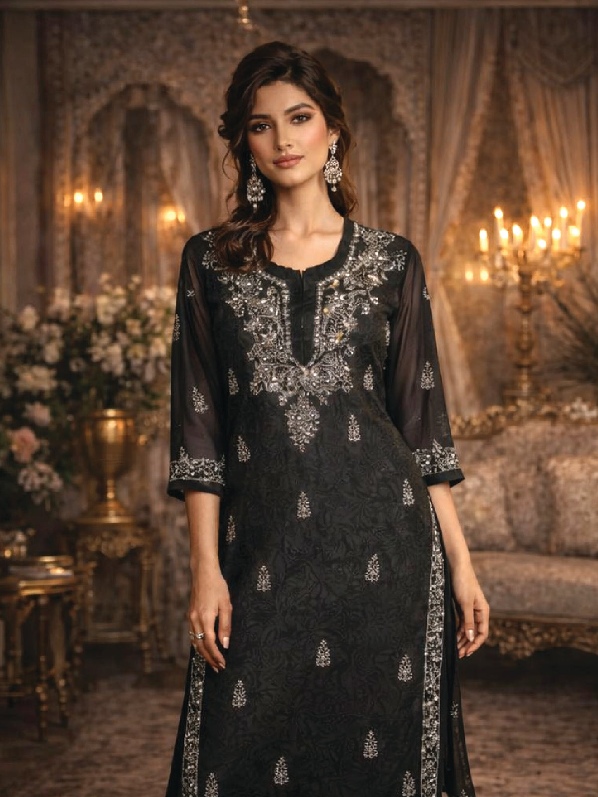 Midnight Black Embroidered Kurta Lucknowi Chikankari Shirt with Gala B   House Of Lucknawi