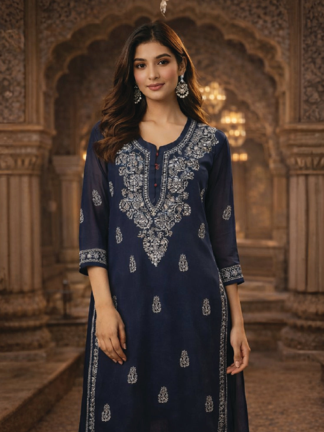 Royal Blue Embroidered Kurta – Elegant Festive Wear, featuring intricate gold embroidery on a deep blue fabric.
