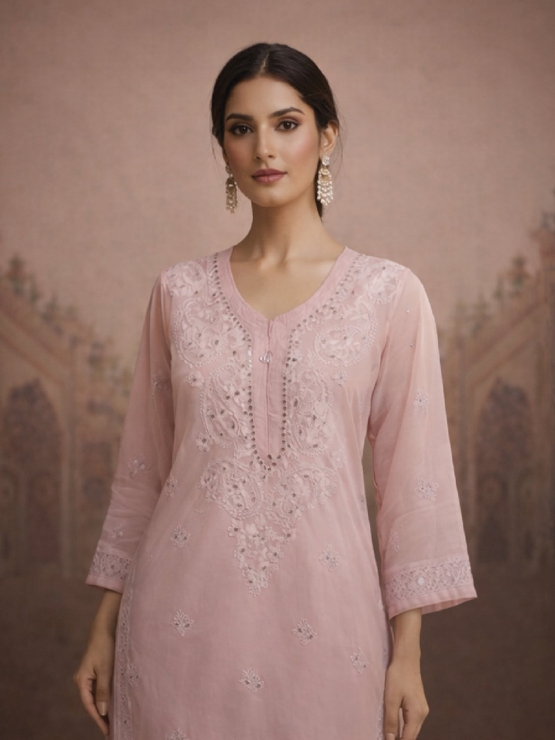 Blush pink embroidered kurta, showcasing soft elegance for festive wear.