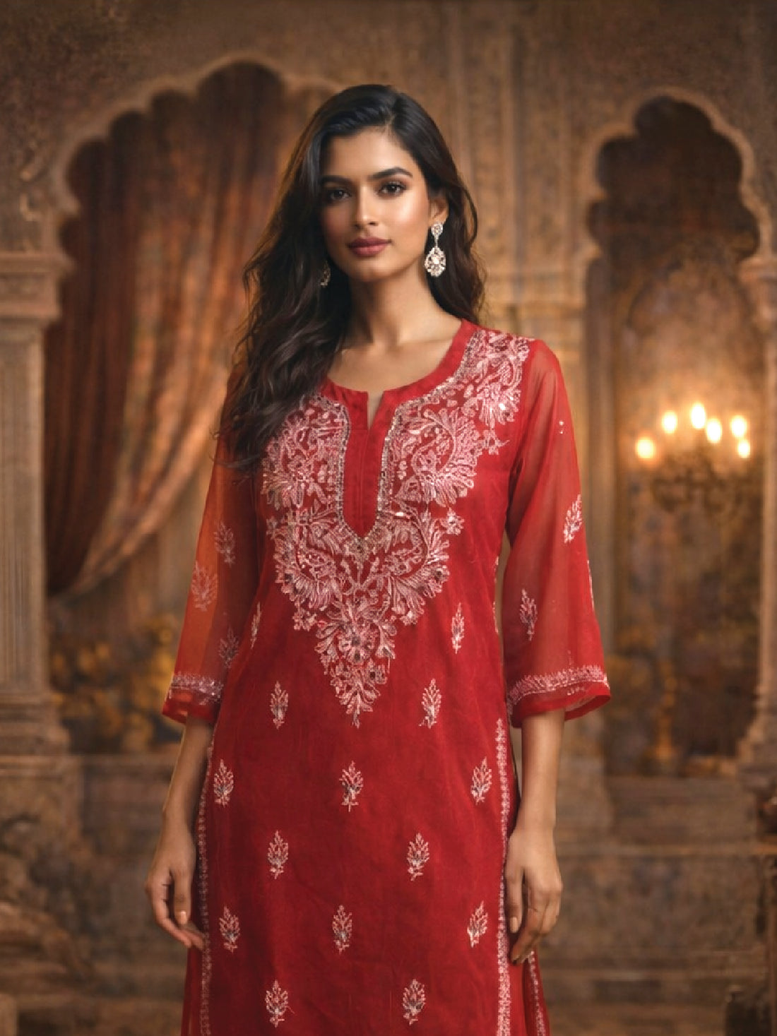 Crimson Red Embroidered Kurta - Elegant Festive & Formal Wear. A close-up shows intricate floral embroidery on a rich red