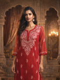 Crimson Red Embroidered Kurta - Elegant Festive & Formal Wear. A close-up shows intricate floral embroidery on a rich red