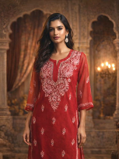 Crimson Red Embroidered Kurta – Elegant Festive & Formal Wear