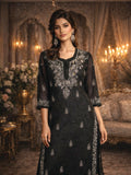 Midnight Black Lucknowi Chikankari Kurta Shirt with Gala Booti & Mirror Work.