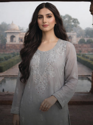 Silver Grey Embroidered Kurta, a graceful formal & festive wear, shown with detailed floral embroidery.