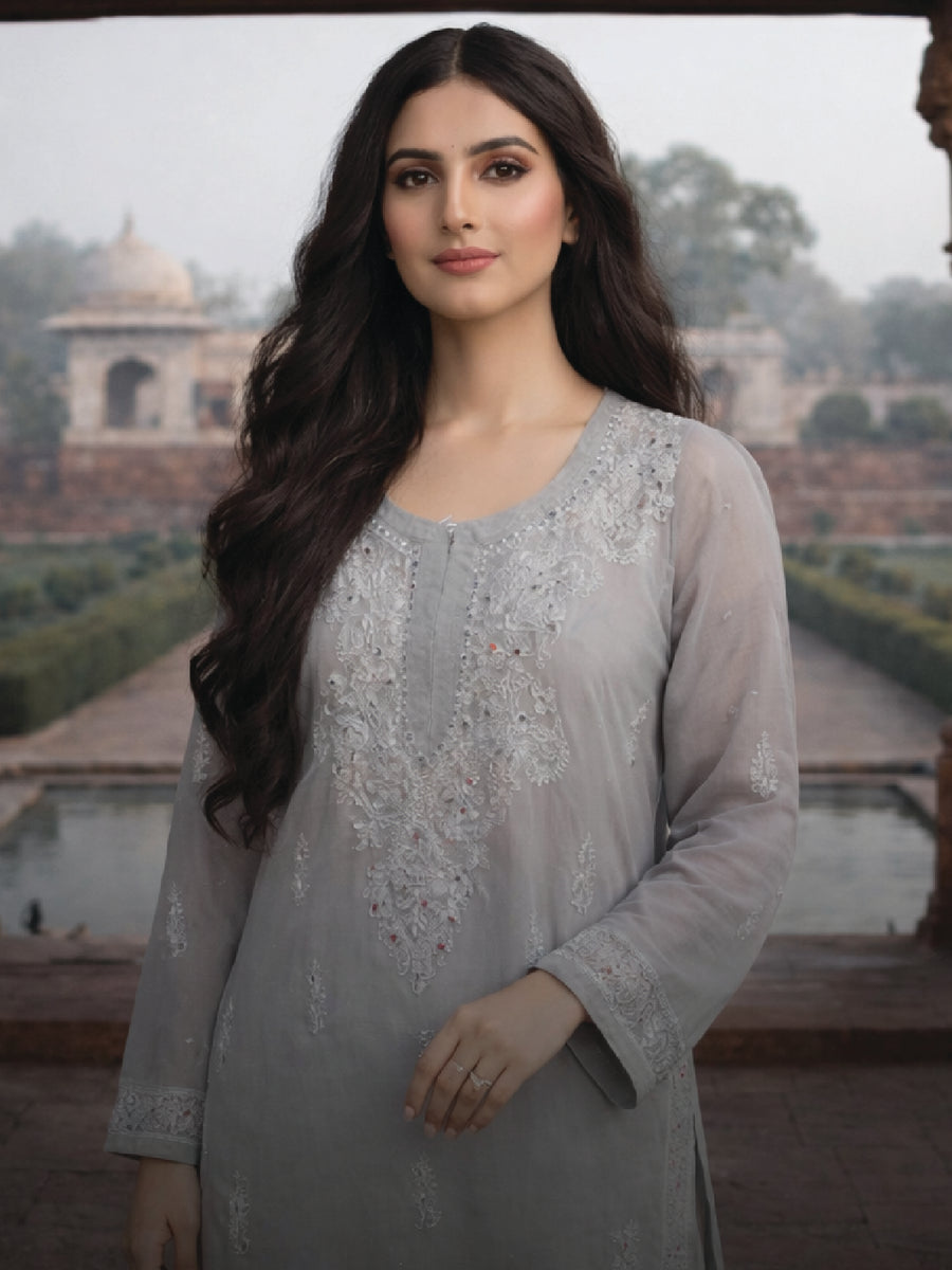 Silver Grey Embroidered Kurta – Graceful Formal & Festive Wear