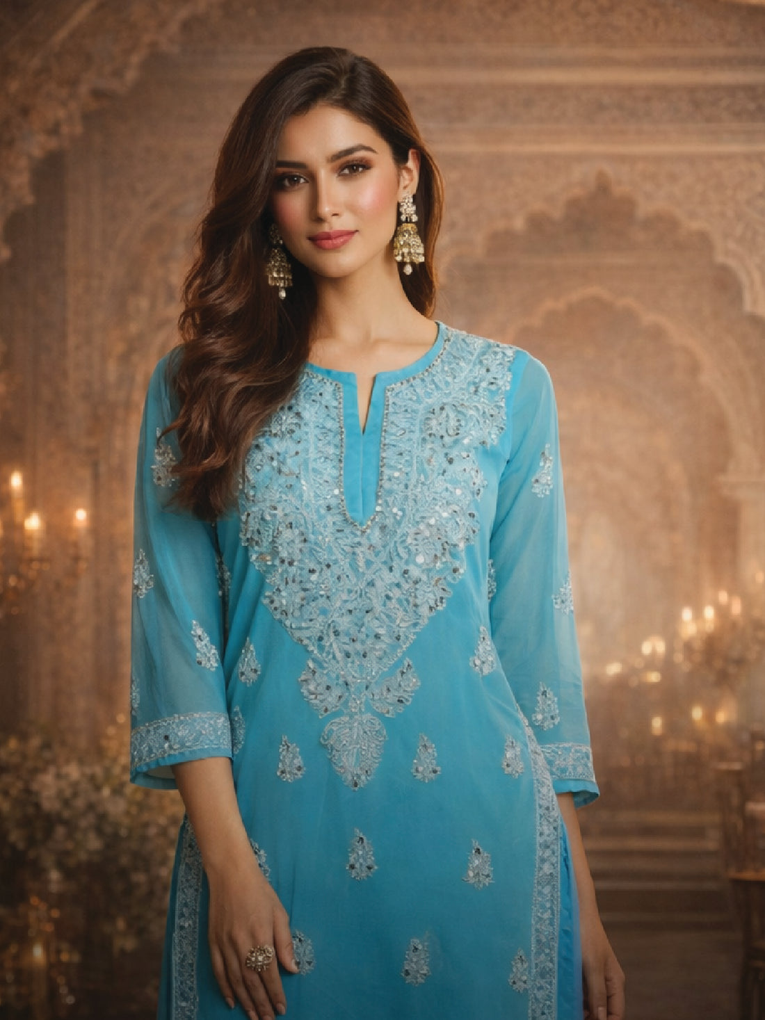 Sky blue embroidered kurta, elegant festive wear for women.