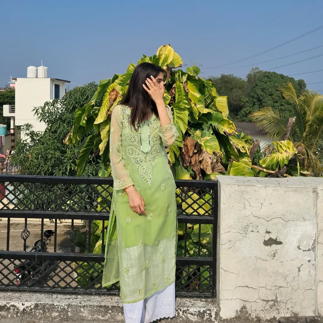Lime Green Embroidered Kurta - Elegant Festive & Summer Wear, showing a woman in a vibrant lime green kurta with intricate