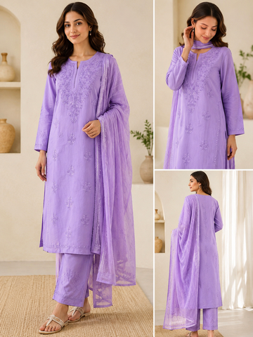 Lilac Purple Chikankari 3-Piece Set with Tonal Embroidery & Cutwork