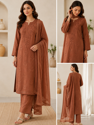 Cinnamon Brown Chikankari 3-Piece Set with Tonal Embroidery & Cutwork