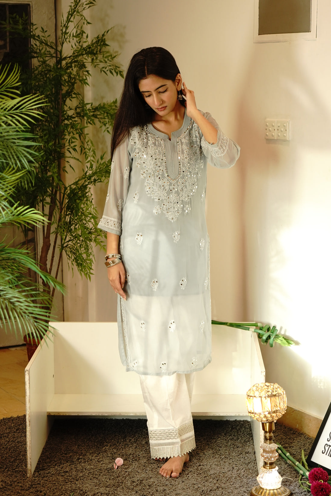 Silver Grey Embroidered Kurta, a graceful formal & festive wear, shown with detailed floral embroidery.