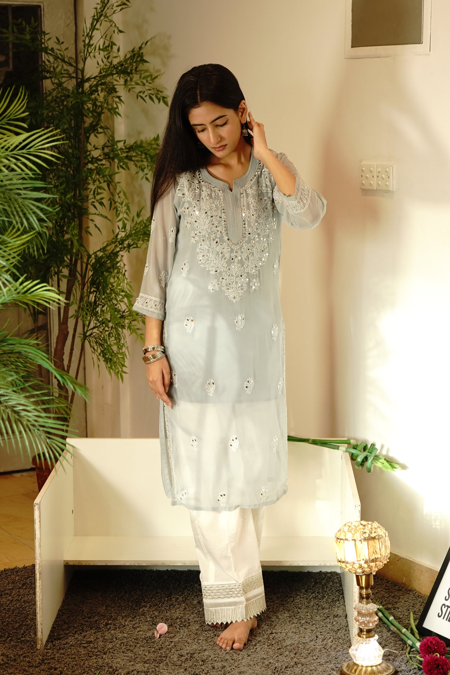 Silver Grey Embroidered Kurta – Graceful Formal & Festive Wear