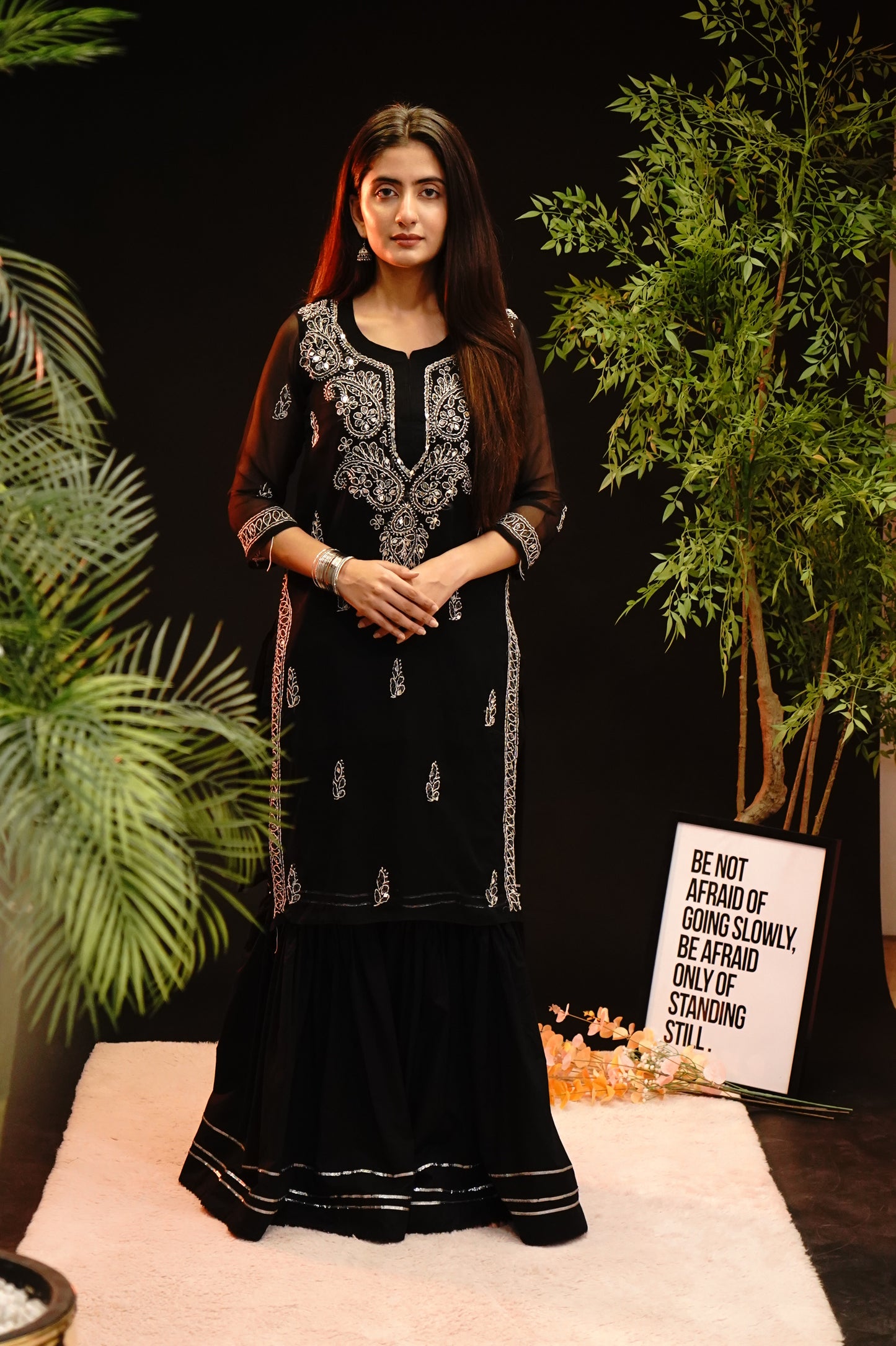 Midnight Black Embroidered Kurta Lucknowi Chikankari Shirt with Gala Booty & Mirror Work