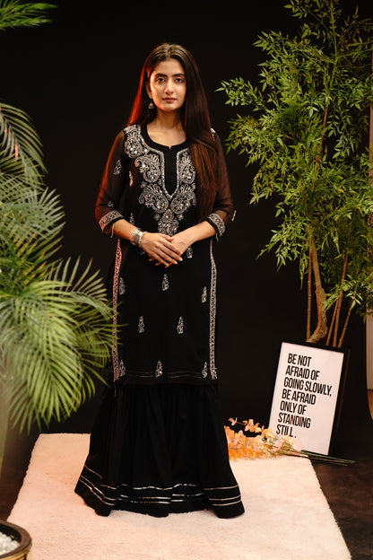 Midnight Black Embroidered Kurta Lucknowi Chikankari Shirt with Gala Booty & Mirror Work