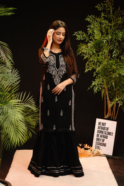 Midnight Black Embroidered Kurta Lucknowi Chikankari Shirt with Gala Booty & Mirror Work