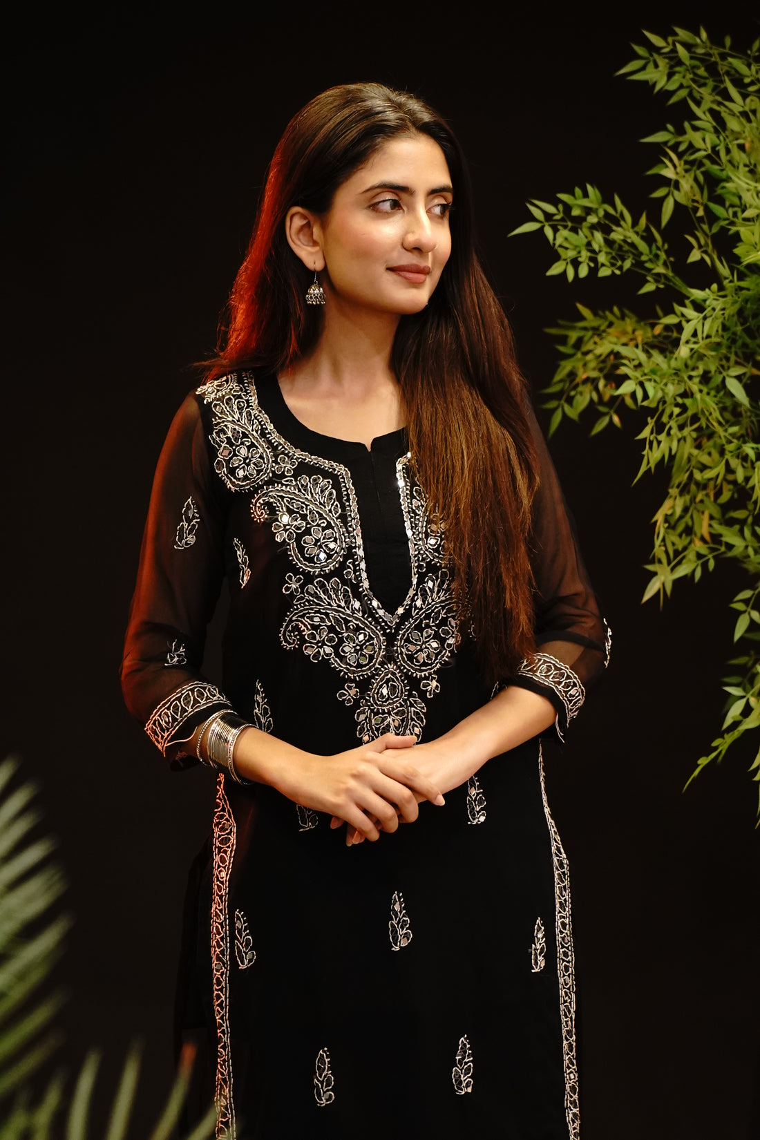 Midnight Black Lucknowi Chikankari Kurta Shirt with Gala Booti & Mirror Work.