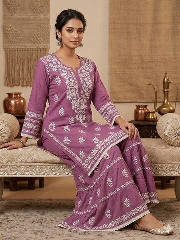 Mauve Purple Chikankari Kurti & Sharara Co-ord Set with White Floral Embroidery