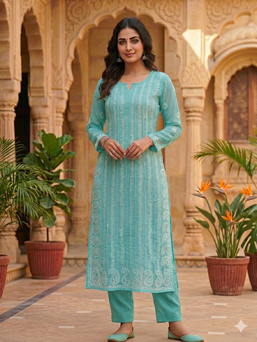 Sky Blue Chikankari Anarkali with Tonal Sequin Stripe, Paisley & Mirror Work
