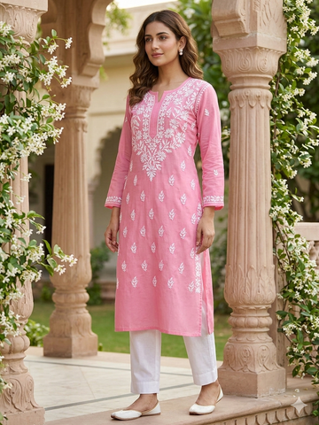 Salmon Pink Chikankari Kurti with Dense White Floral Embroidery