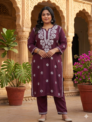Dusty Mauve Chikankari Kurti with White Floral & Wildflower Buti Embroidery
