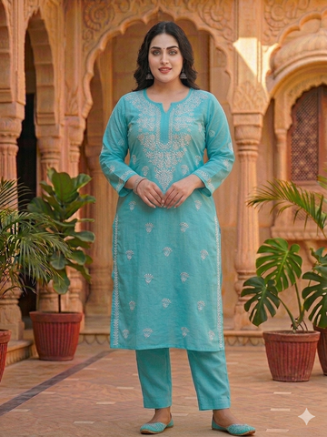 Peacock Blue Chikankari Kurti with White Floral & Tulip Buti Embroidery