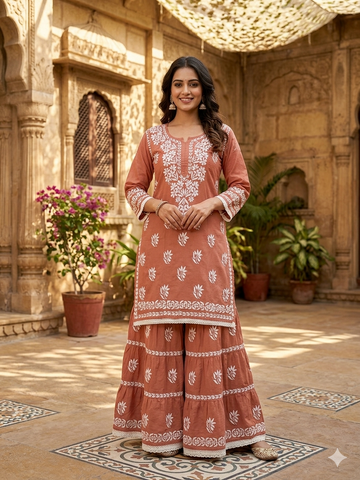 Dusty Rose Chikankari Kurti & Sharara Co-ord Set with White Floral Embroidery