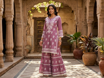 Plum Purple Chikankari Kurti & Sharara Co-ord Set with White Floral Embroidery & Lace Trim