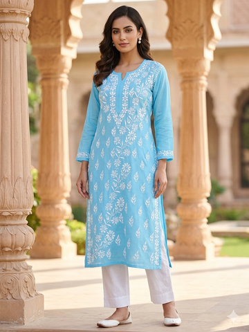 Turquoise Blue Chikankari Kurti with Dense White Floral Embroidery