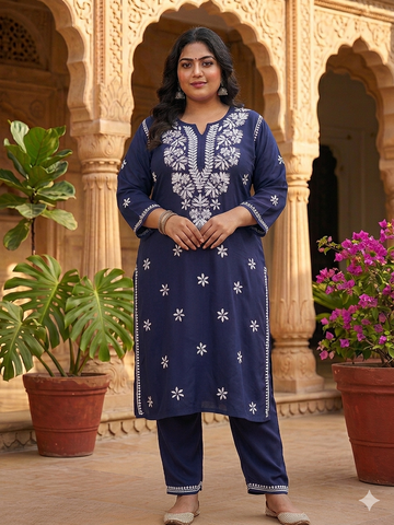 Navy Blue Chikankari Kurti with White Floral & Wildflower Buti Embroidery