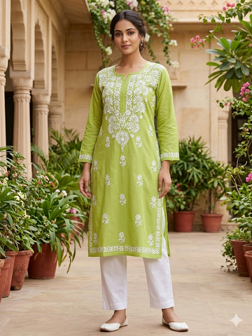Mehndi Green Chikankari Kurti with White Floral & Paisley Embroidery