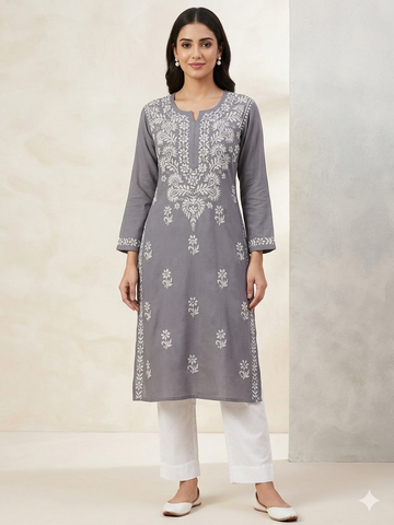 Charcoal Grey Chikankari Kurti with White Paisley & Floral Embroidery