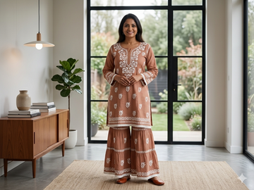 Mocha Brown Chikankari Kurti & Sharara Co-ord Set with White Floral Embroidery & Lace Trim