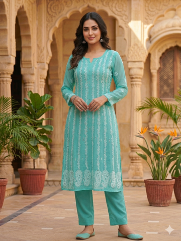 Seafoam Green Chikankari Anarkali with Tonal Sequin Stripe, Paisley & Mirror Work
