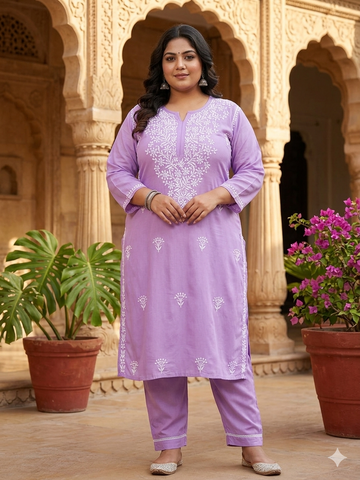 Lilac Purple Chikankari Kurti with White Floral & Tulip Buti Embroidery