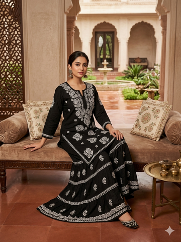 Jet Black Chikankari Kurti & Trouser Co-ord Set with White Floral Embroidery