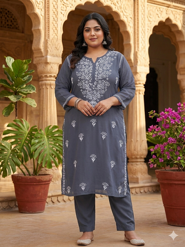 Slate Grey Chikankari Kurti with White Floral & Tulip Buti Embroidery