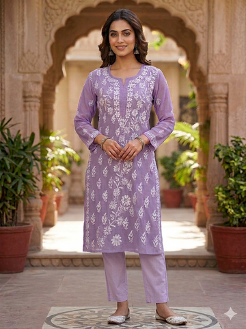 Dusty Mauve Chikankari Kurti with Dense White Floral Embroidery