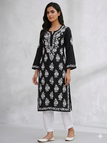 Jet Black Chikankari Kurti with Dense White Floral Bouquet Embroidery
