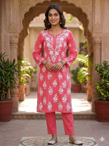 Coral Rose Chikankari Kurti with Dense White Floral Embroidery