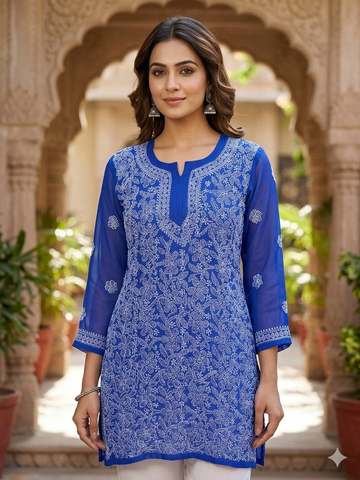 Royal Blue Chikankari Embroidered Short Kurti for Women