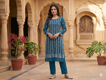 Teal Blue Chikankari Anarkali with Sequin Stripe & Paisley Mirror Work