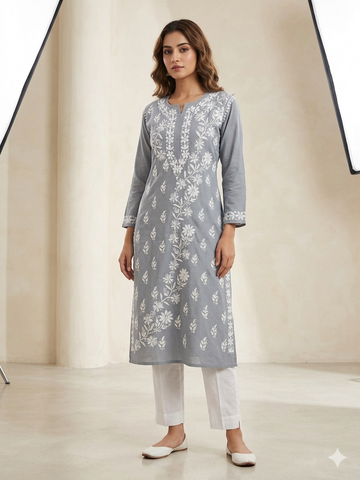 Steel Grey Chikankari Kurti with Dense White Floral Embroidery