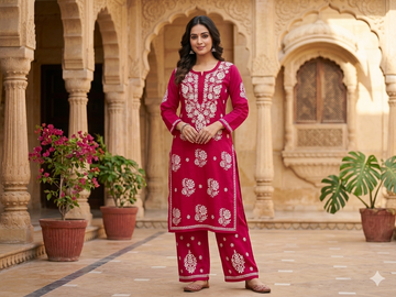 Hot Pink Chikankari Kurti & Trouser Co-ord Set with White Floral Embroidery