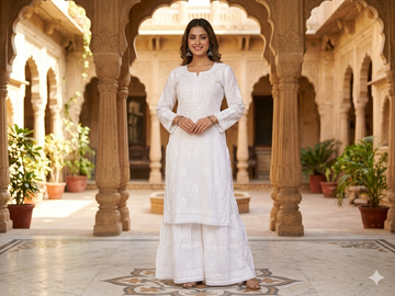 Pure White Chikankari Kurti & Sharara Co-ord Set with Tonal Embroidery & Lace Trim