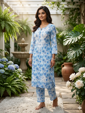 Azure Bloom Chikankari 2-Piece Suit – Handcrafted Lucknowi Elegance