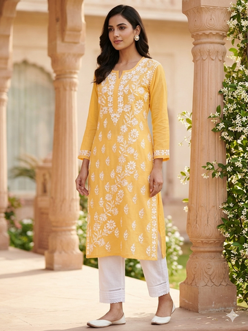Sunshine Yellow Chikankari Kurti with Dense White Floral Embroidery