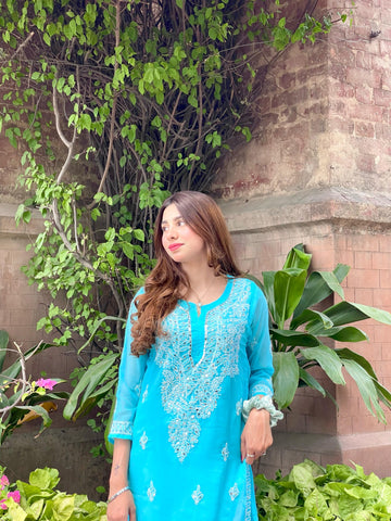 Sky blue embroidered kurta, elegant festive wear for women.