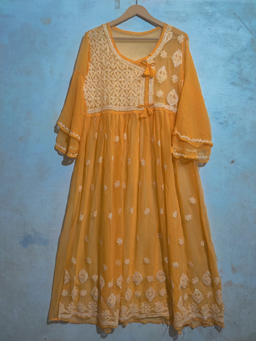 Mustard Yellow with White Chikankari embroidery Long Frock