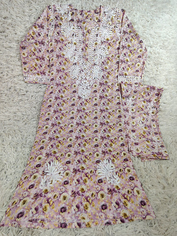 Lavender Bloom Chikankari Embroidered Kurti Set