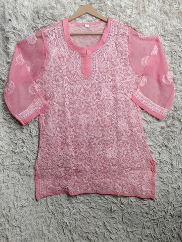 Soft Pink Chikankari Embroidered Short Kurti for Women