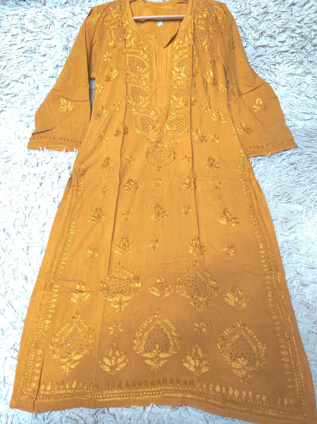 Golden Mustard Chikankari Kurti with Mukaish Mirror Work
